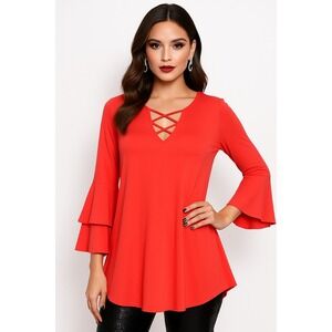Joseph Ribkoff Coral Red Tunic Style Bell  3/4 Sleeve Blouse Size 8